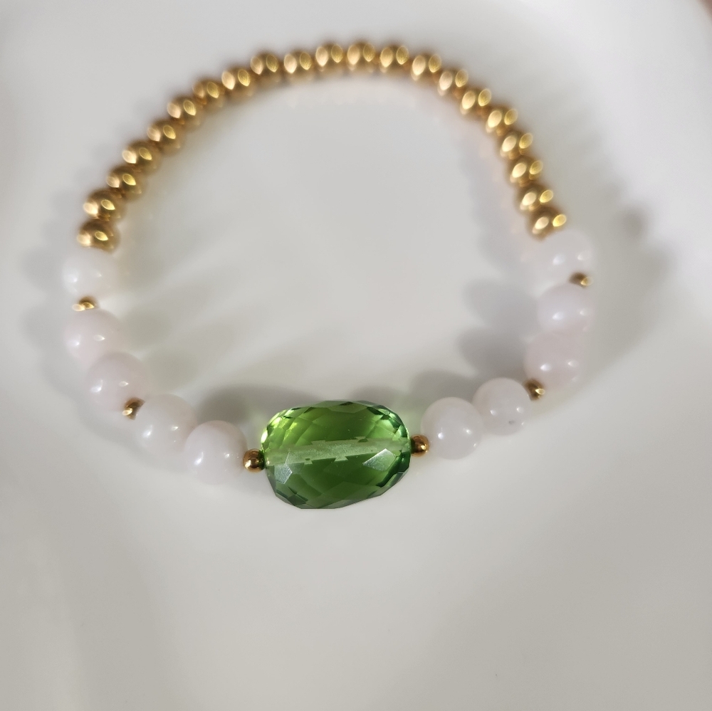 Handmade Stretchy Beaded Peridot And Rose Quartz Bracelet